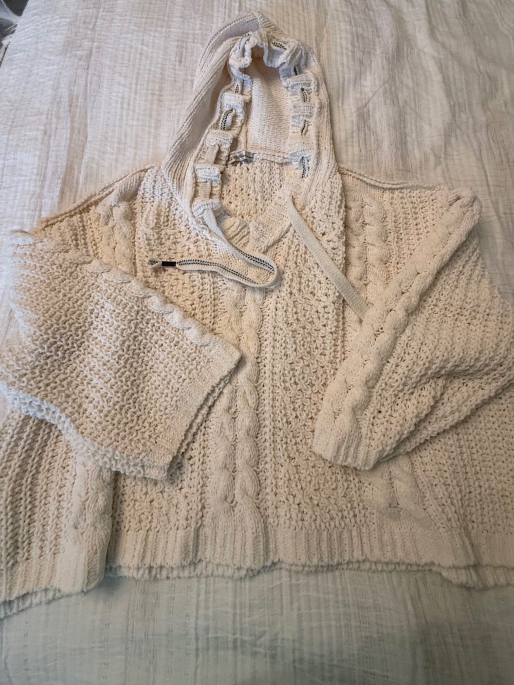 Zena Cream Cable Knit Hooded Sweater Oversized Boho Size L